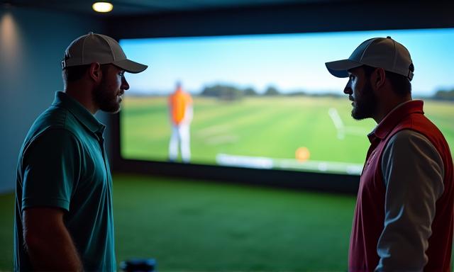 Jogador de golfe a receber instrução personalizada de um profissional na academia de golfe, com monitores de tecnologia de análise ao fundo.