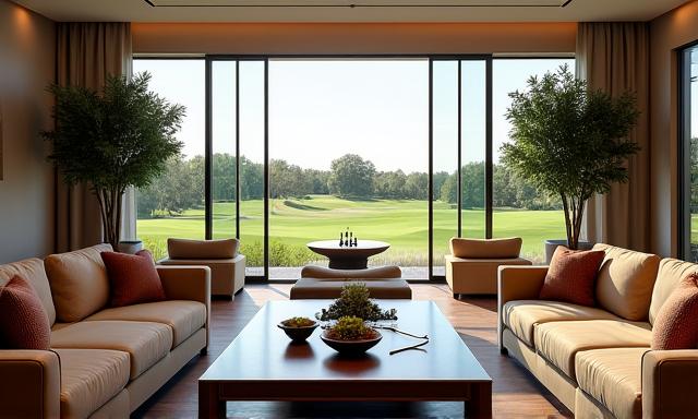 Interior luxuoso do clubhouse com vista para o campo de golfe através de grandes janelas.