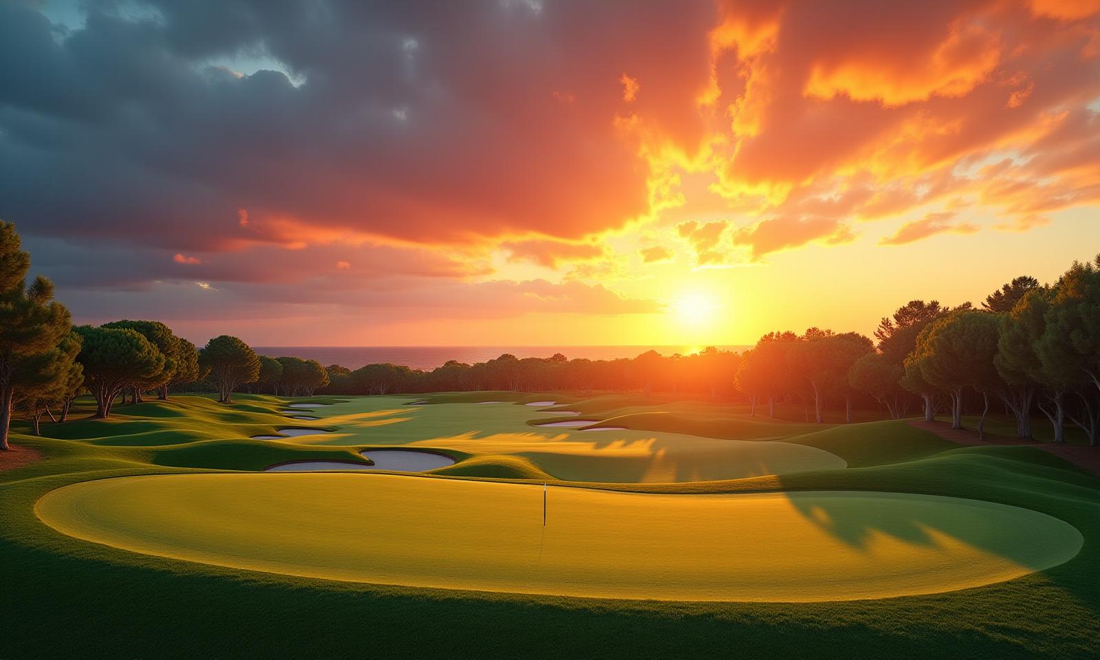 Vista deslumbrante de um campo de golfe ao nascer do sol em Vilamoura, com um céu vibrante.