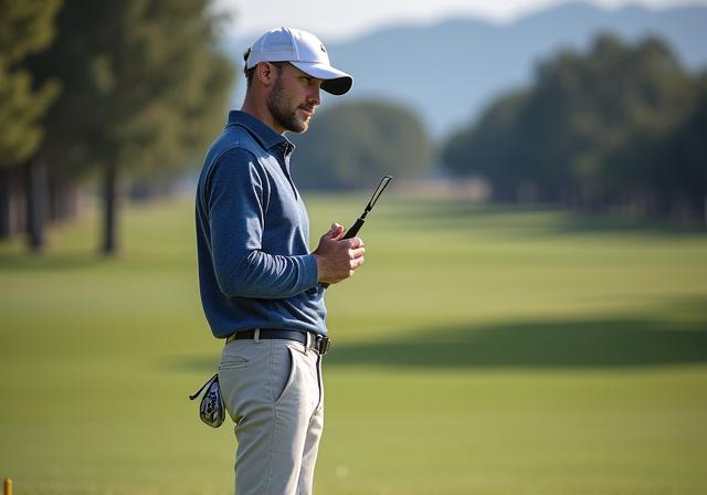 Jogador de golfe a analisar a sua próxima jogada no fairway, com um taco na mão e pensativo.