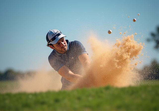 Jogador de golfe a executar uma tacada a partir de um bunker de areia, com areia a levantar voo.