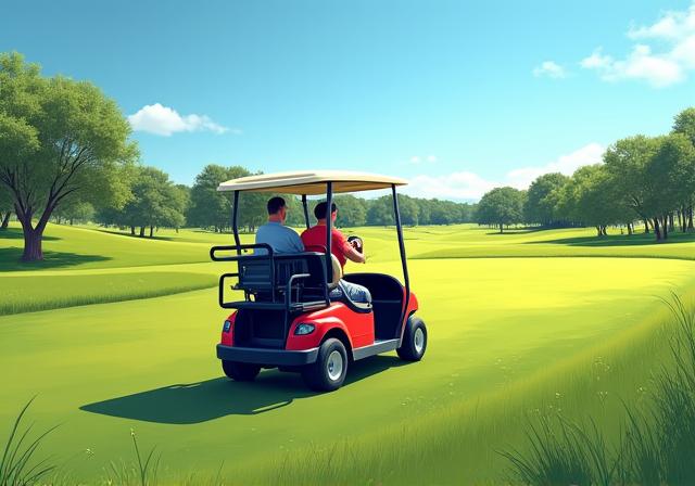 Homem a conduzir um carrinho de golfe no fairway, desfrutando da paisagem.