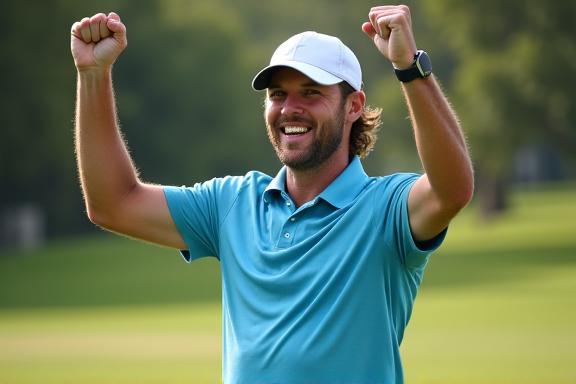 Jogador de golfe a celebrar um putt bem-sucedido com o punho no ar, visivelmente feliz.