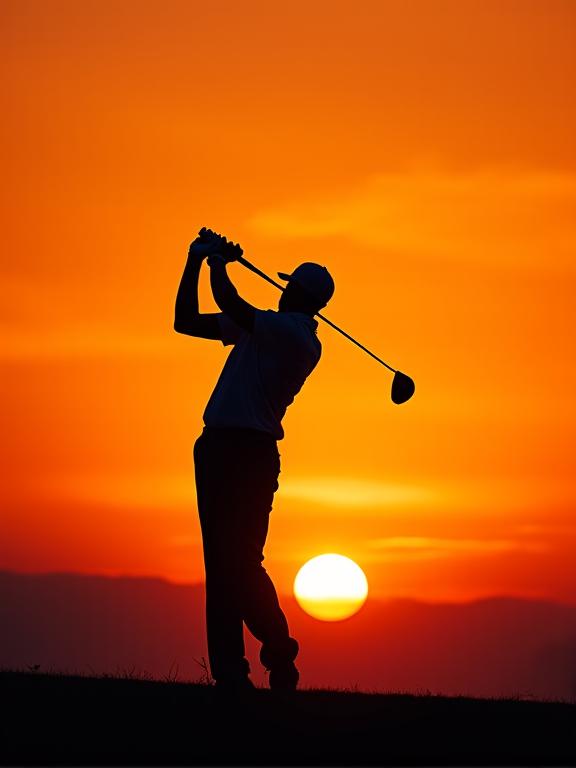 Silhueta de um jogador de golfe contra o pôr do sol alaranjado, com um swing dramático.