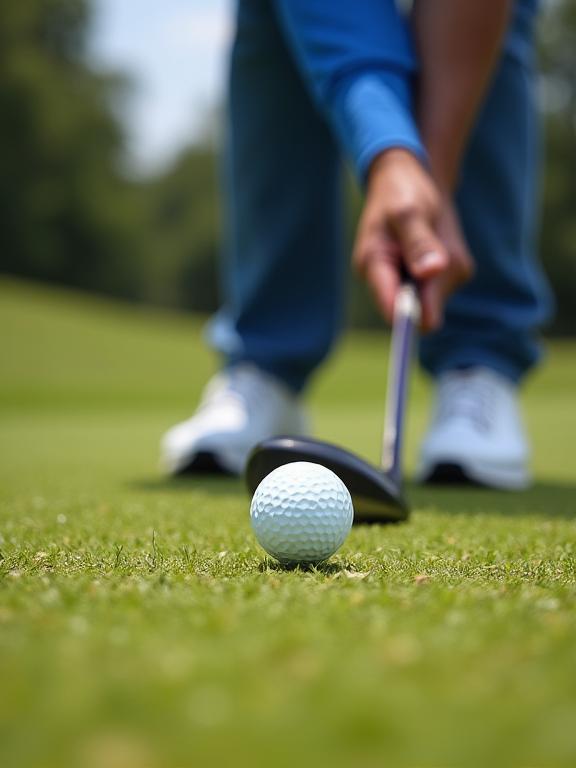 Close-up de um homem a fazer um swing de golfe com foco total na bola e no taco.