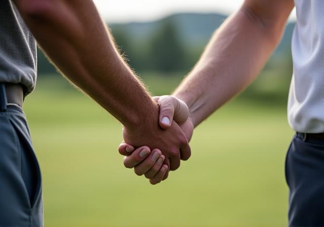 Dois jogadores de golfe a cumprimentarem-se com um aperto de mão no final de um jogo.