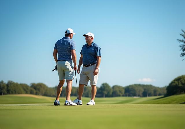 Dois homens a conversar animadamente no green após uma tacada, com o céu azul ao fundo.