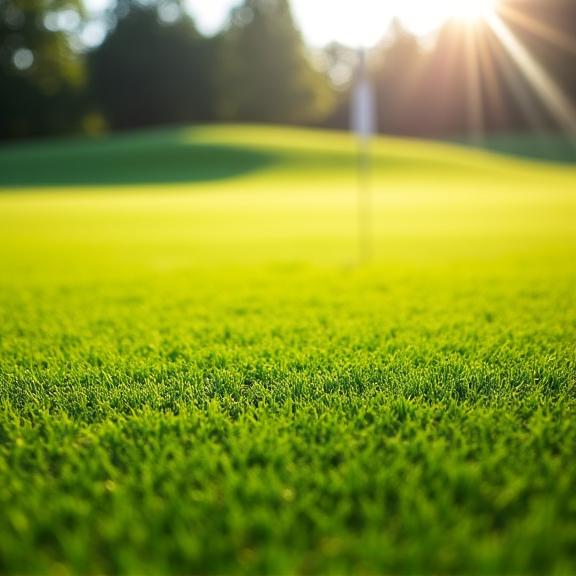 Um green de golfe perfeitamente cuidado e pronto para o jogo, com o sol a incidir na relva.